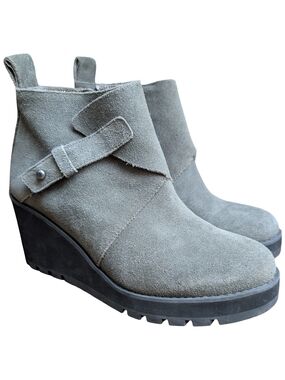 Eileen Fisher Tinker Suede Wedge Ankle Boots Gray Taupe With Strap  8.5